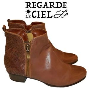 Regarde le Ciel Brown Leather Ankle Zip Moto Boots Round Toe Casual Size 38/7.5